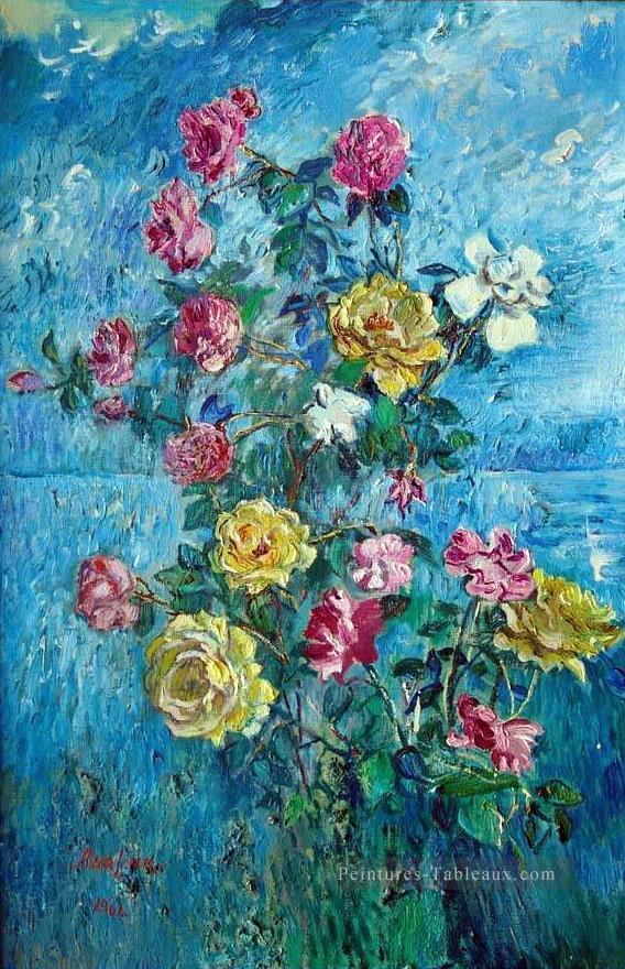 roses avec fond bleu 1960 russe Peintures à l'huile